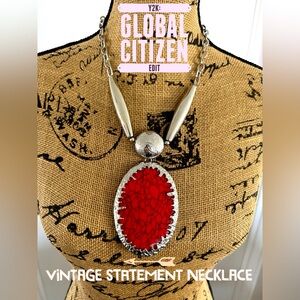 Vintage Global Citizen Statement Necklace Red Silver